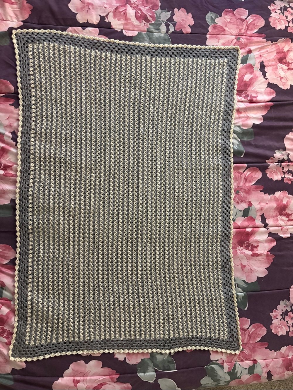 Handmade Gray and Cream Crochet Throw Blanket